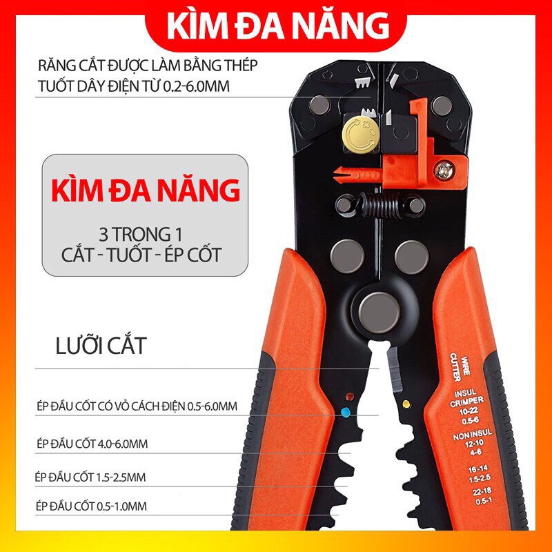 kìm tuốt dây điện Kapusi đa năng - tuốt - cắt - bấm cốt từ 0.5 -6mm