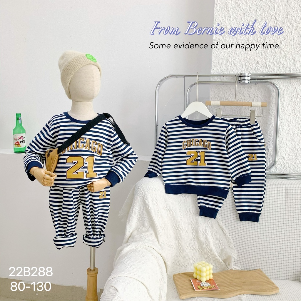 Bộ bé trai thu đông dài tay hoạ tiết kẻ cá tính, bộ thun bé trai tay dài Bernie