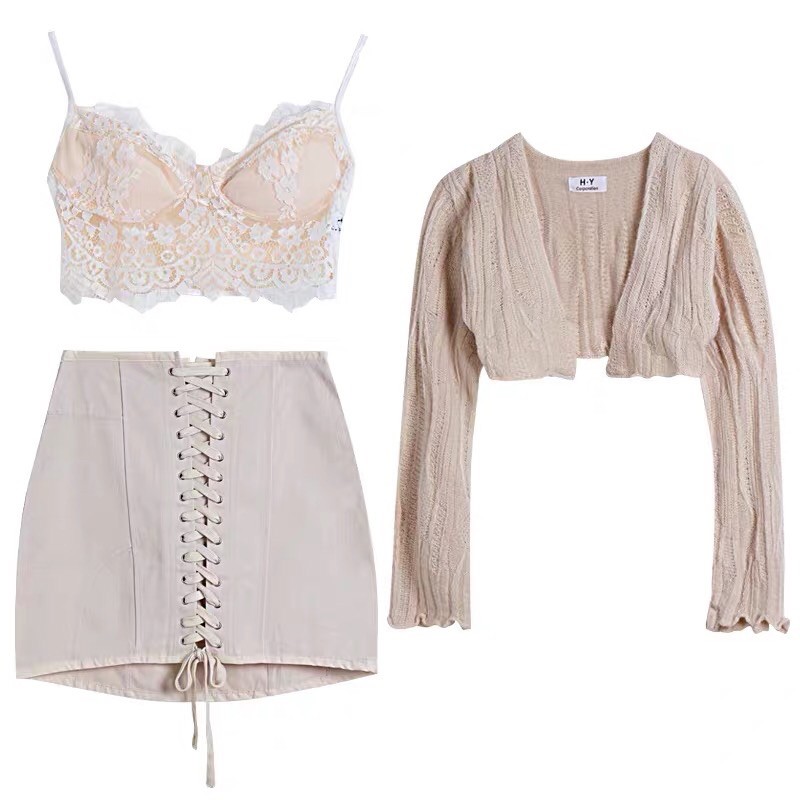Set áo ren 2 dây cúp ngực+chân váy đan dây+áo khoác lửng