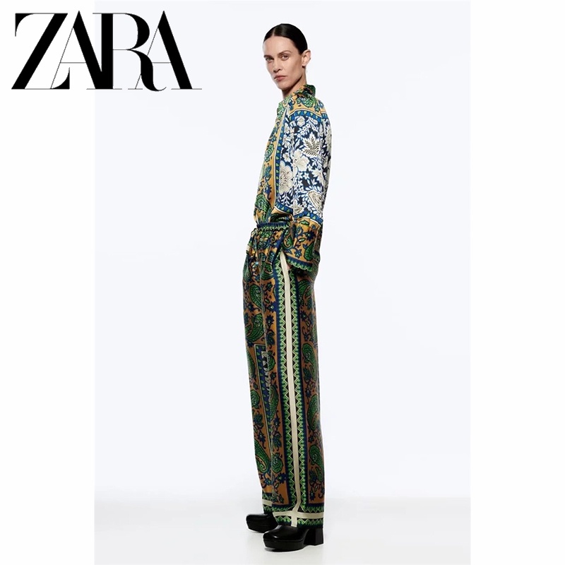 Zara set Áo Sơ Mi Tay Dài In Họa Tiết Phong Cách vintage Ngọt Ngào