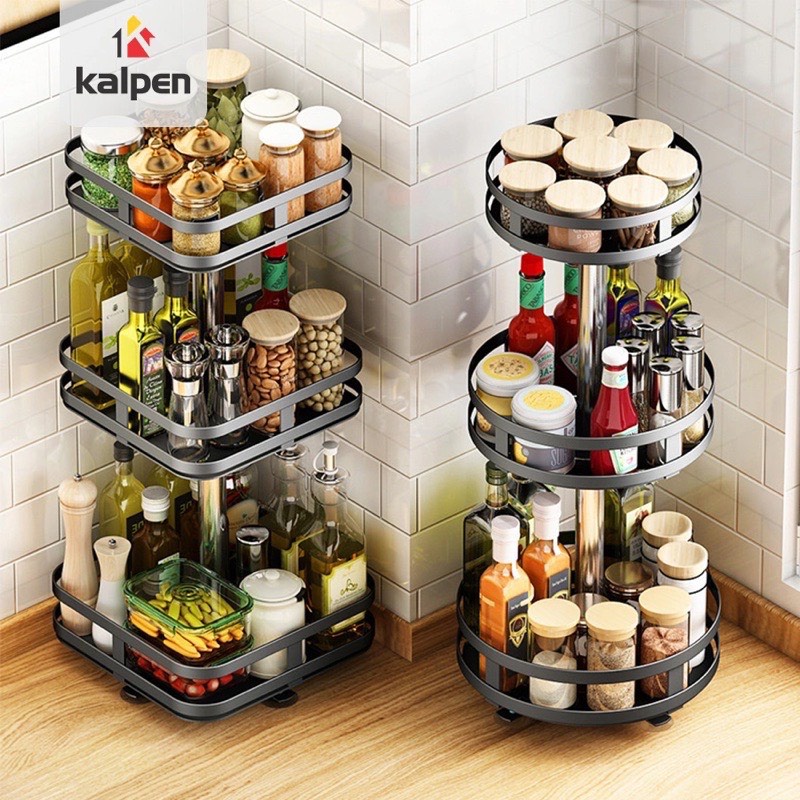 Kệ gia vị nhà bếp xoay tròn, Kệ đa năng KALPEN thông minh, có thể thay đổi chiều cao khay lấy đồ