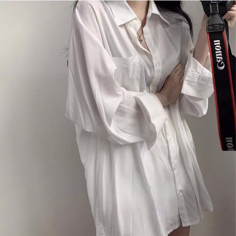 Áo sơ mi kiểu trắng nữ form rộng lụa tay phồng hàn quốc đẹp dài tay trơn cổ bẻ ulzzang vintage truehastore SM31