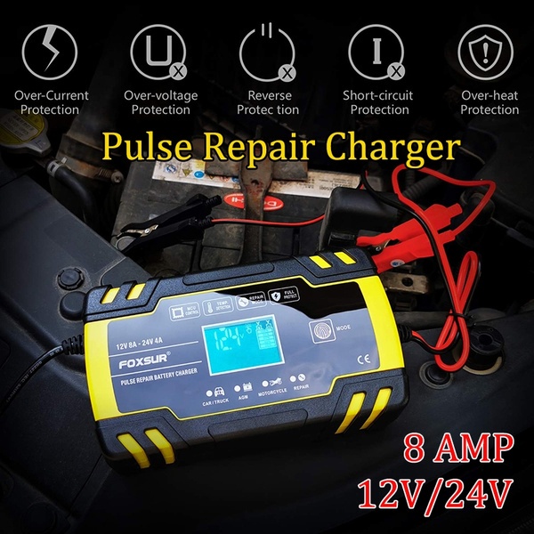 Sạc bình ắc quy 12V 24V 8A Foxsur cho ô tô xe máy các loại bình khô và nước chống chai phù bình có khử sunfat