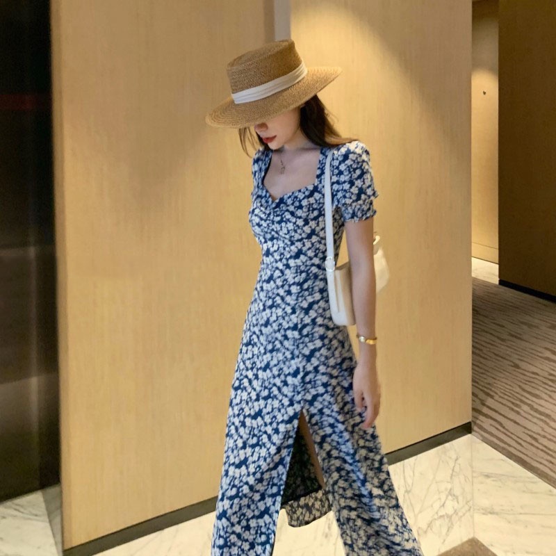 IELGYĐầm Hoa Cổ Vuông Dáng Ôm Xẻ Tà Phối Nút Thời Trang Hàn Quốc Cổ Điển