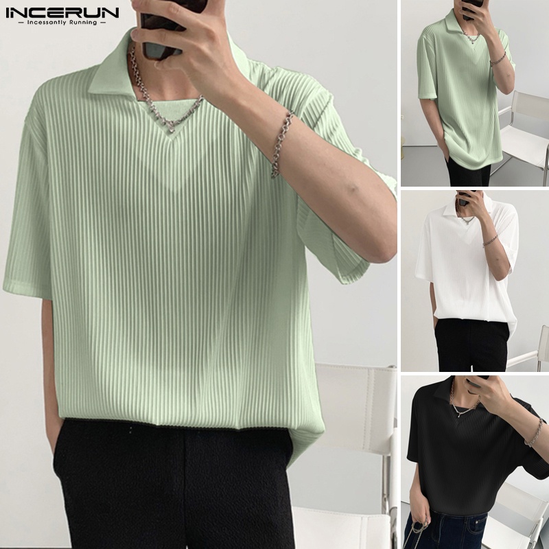 Áo thun polo INCERUN tay ngắn màu trơn xếp ly thời trang dành cho nam