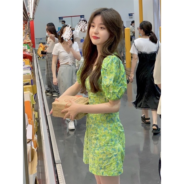 Váy Hoa Xanh Khuy Bọc Tay Phồng Siêu Xinh Có Ảnh Thật Kèm Video | BigBuy360 - bigbuy360.vn