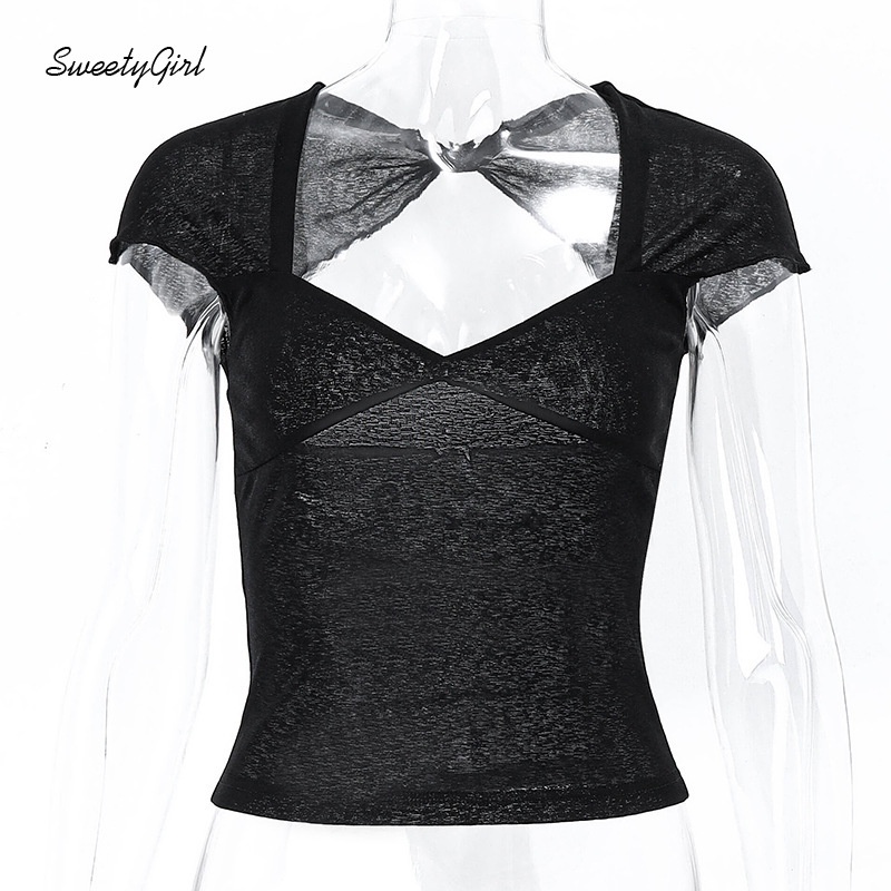 Áo Thun Tay Ngắn Cổ Chữ V Dáng Ôm Màu Đen Trơn Thời Trang 2022 Quyến Rũ Dành Cho Nữ