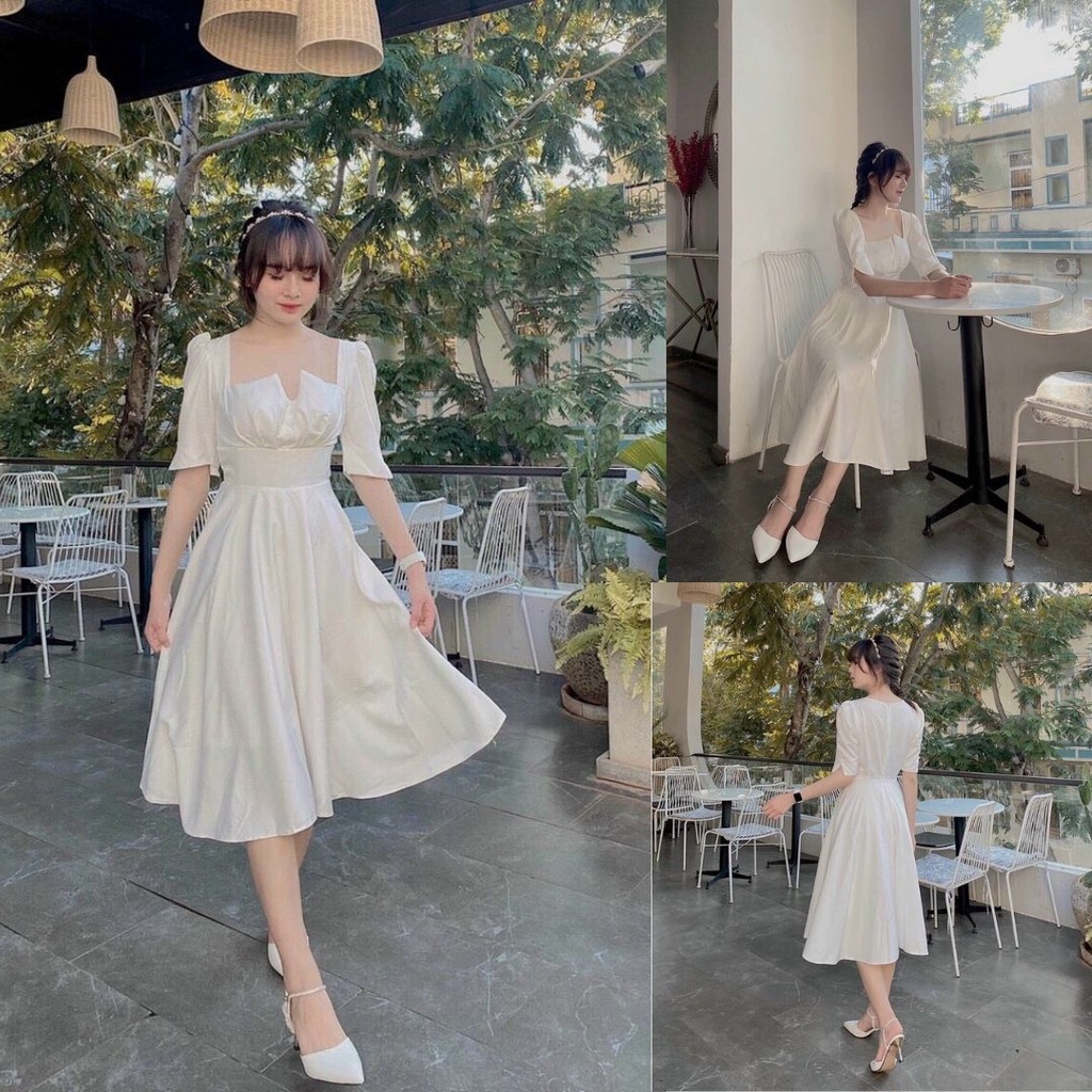 Đầm trắng dự tiệc, Váy babydoll nữ xòe Cao Cấp thiết kế cực xinh có tay ngắn mút ngực, trang trọng - MiNhi