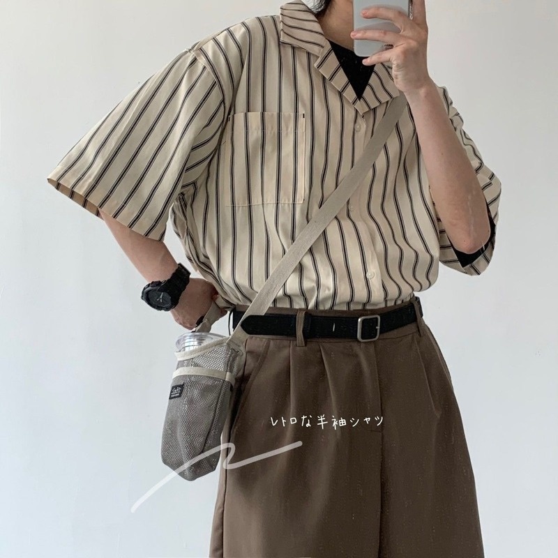 Áo Sơ Mi Ngắn Tay Họa Tiết Kẻ Sọc Phong Cách Retro Dành Cho Nam