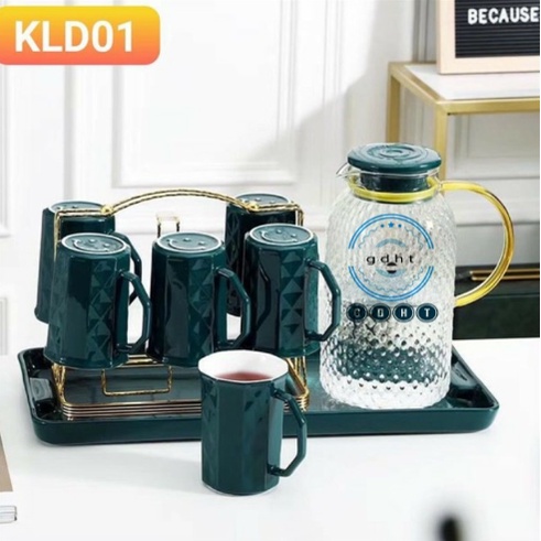 COMBO BÌNH THỦY TINH KLD ĐỰNG NƯỚC UỐNG KÈM 6 CỐC, GIÁ TREO CỐC, KHAY SỨ MÀU XANH CỔ VỊT CHỊU NHIỆT CAO CẤP