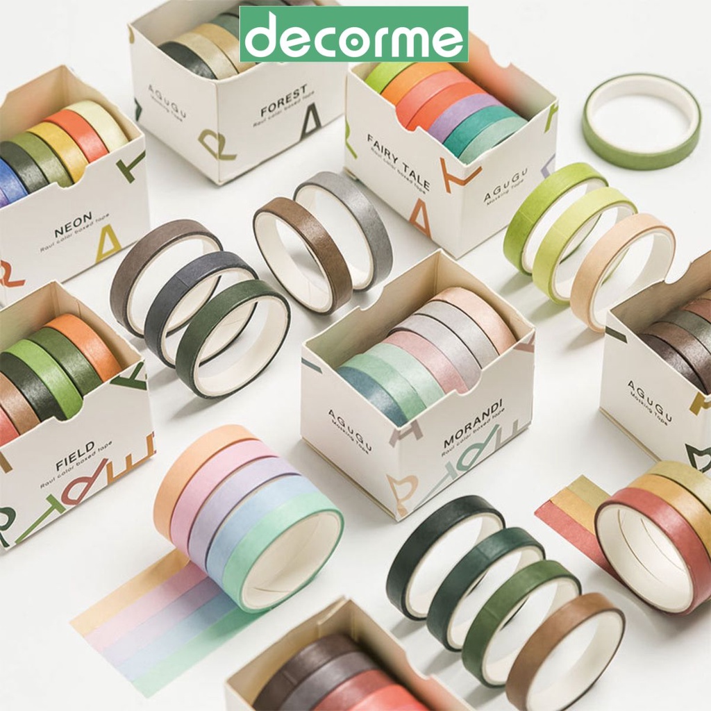 Washi tape trơn màu DecorMe Agugu NBD2 băng dính họa tiết trơn màu pastel retro hộp 7 cuộn