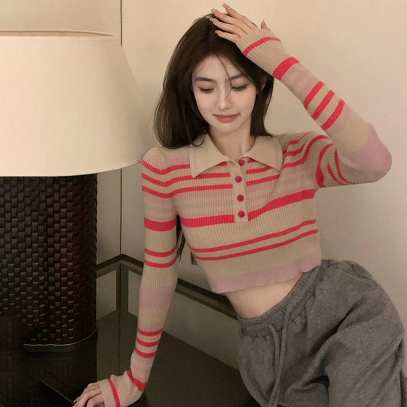 Áo Croptop Dệt Kim Tay Dài Dáng Ôm Họa Tiết Kẻ Sọc Phong Cách Hàn Quốc Thời Trang Cho Nữ