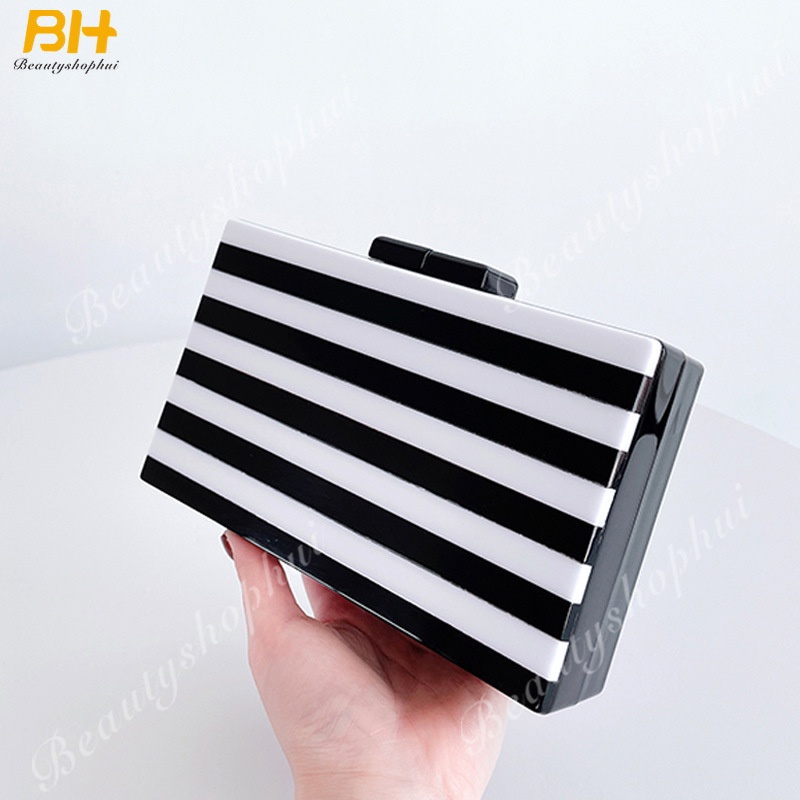 Túi Đeo Chéo Bằng Acrylic Họa Tiết Kẻ Sọc Trắng Đen Đơn Giản Thời Trang Cho Nữ
