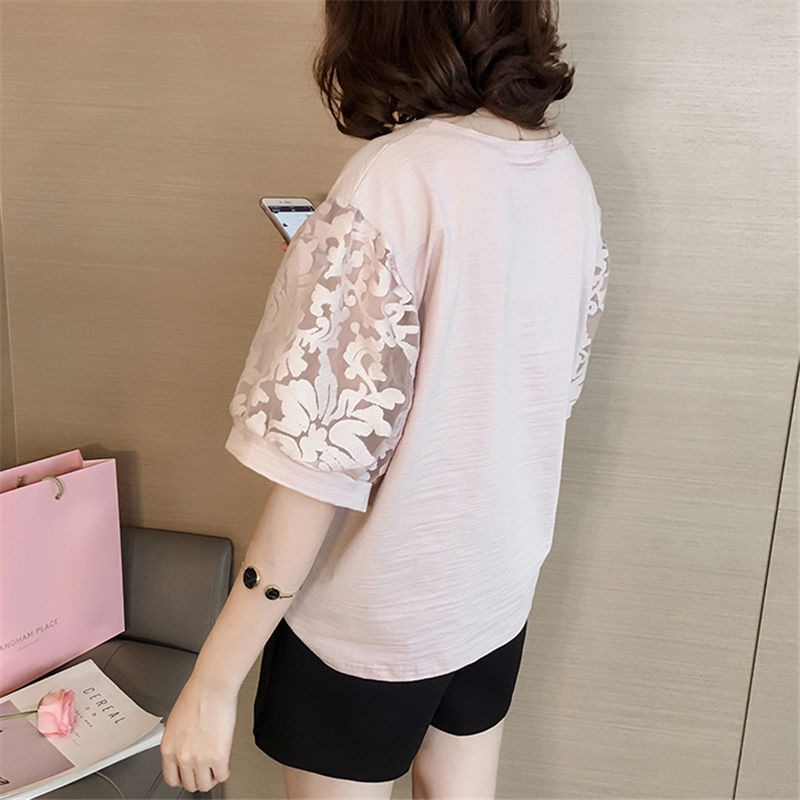 Áo Thun Cotton Ngắn Tay Dáng Rộng Phối Ren Xinh Xắn Cho Nữ