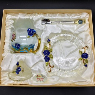 Hộp quà bộ cốc(ly) đĩa thủy tinh enamel HOA HỒNG XANH nhiều mẫu- Song Ngư Hoa thảo trà