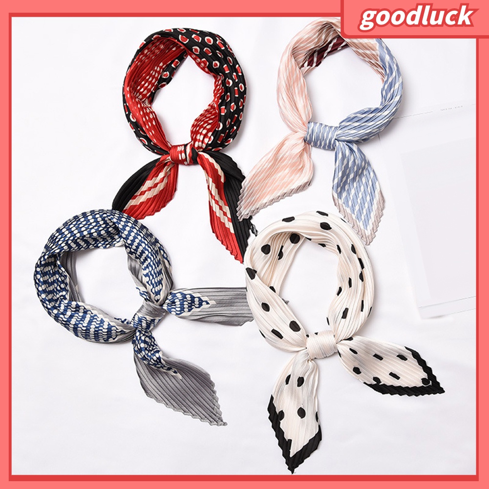 [GOLUK] Khăn Quàng Cổ Lụa Satin Vuông Xếp Ly In Họa Tiết Sọc Thời Trang Cho Nữ