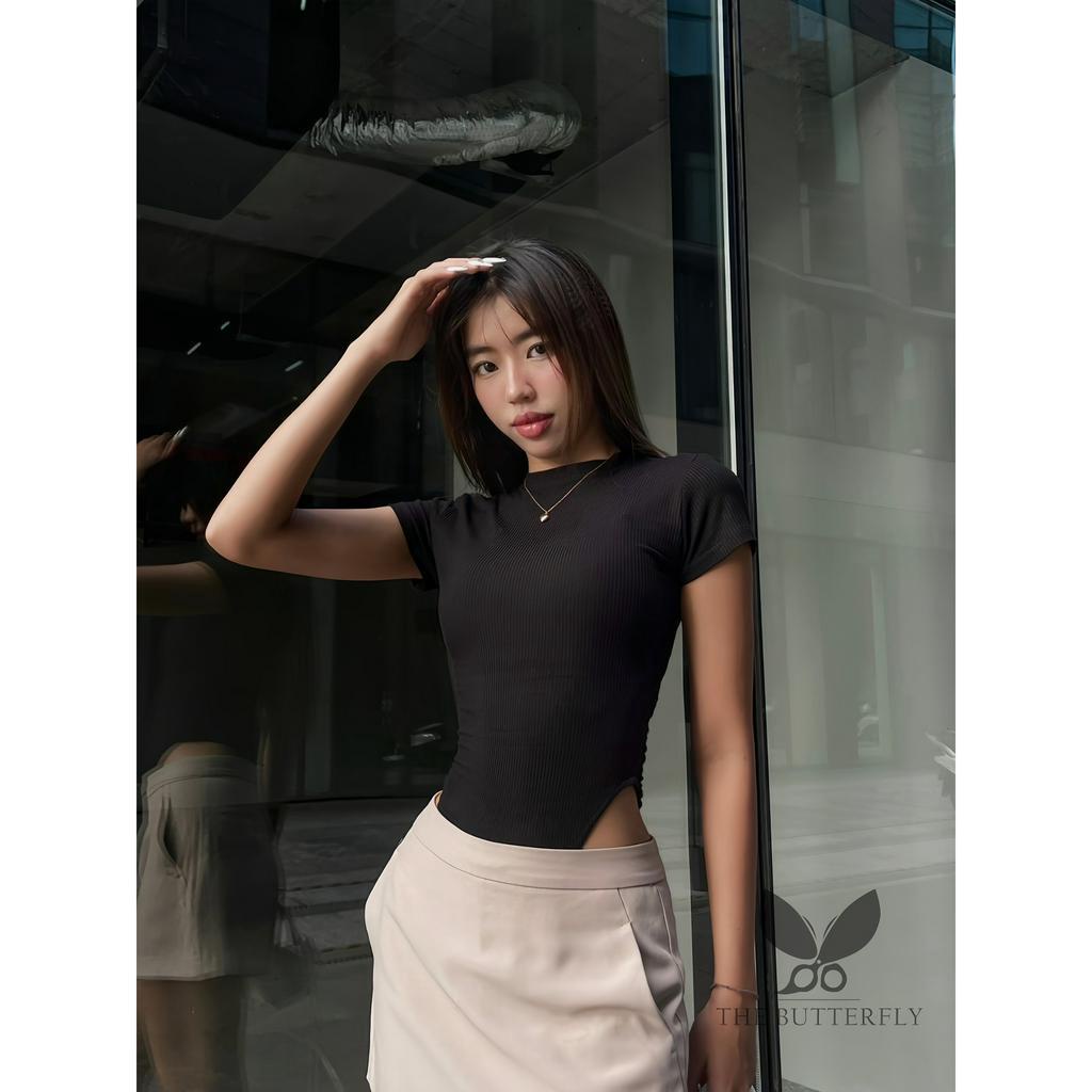Áo Liền Thân Nữ - Bodysuit Cổ Tròn Tay Ngắn Thun Cotton Lụa Gân Tăm Co Giãn 4 Chiều The Butterfly