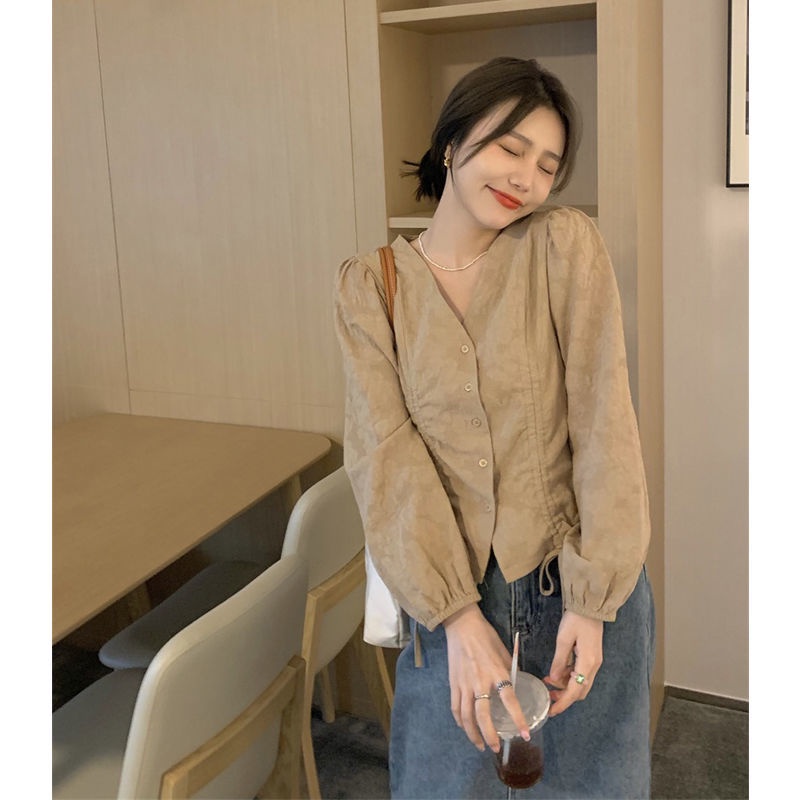 Áo sơ mi tay dài cổ chữ V thiết kế mới thời trang xinh xắn cho nữ