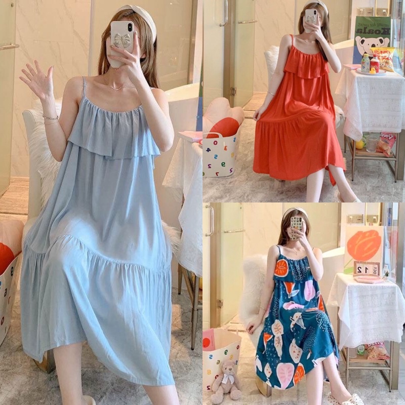 Váy ngủ, váy bầu lanh lụa freesize siêu mềm mát, nhiều hoạ tiết