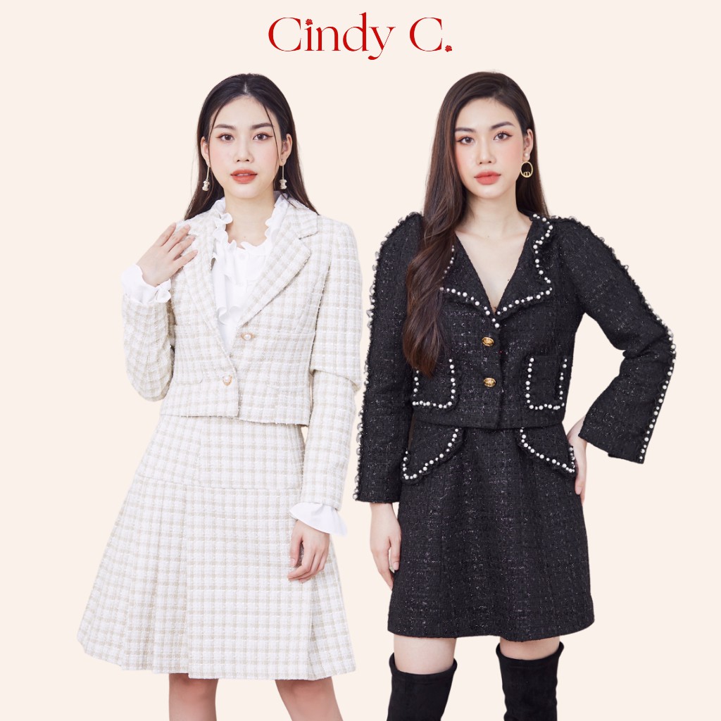 Áo khoác và Chân váy CINDY C Dạ Tweed cổ bẻ màu đen và trắng thiết kế sang trọng 703/ 704/ 727/ 728