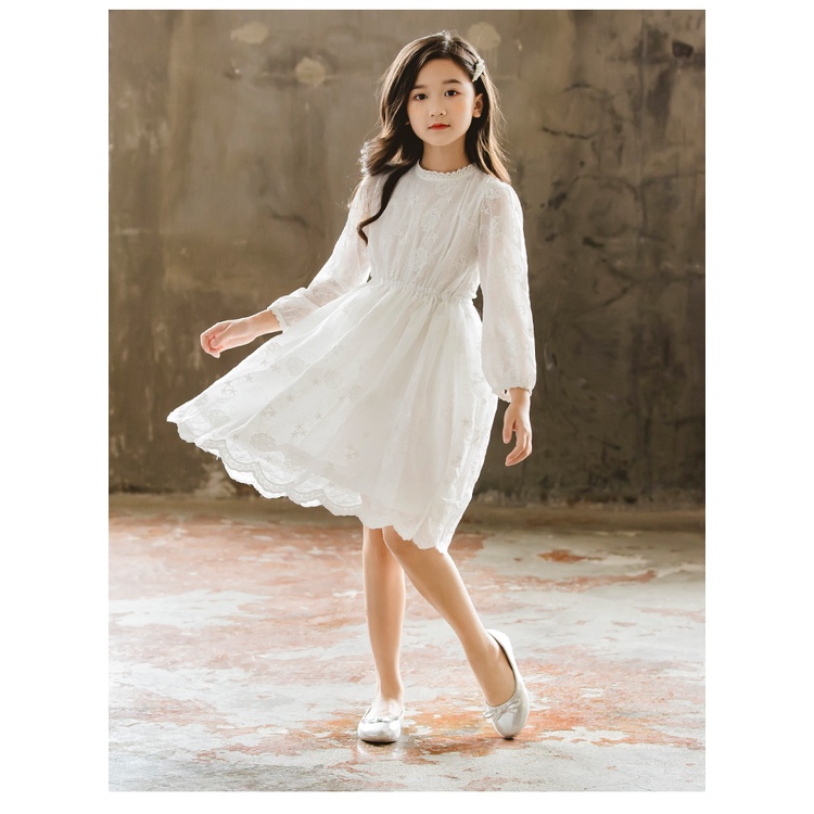 Đầm Công Chúa Phối Ren Hoa Màu Trắng Thanh Lịch Thời Trang Xuân Thu Cho Bé Gái 3-12 Tuổi