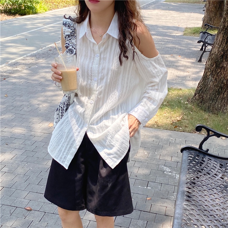 SUXI Áo Kiểu Tay Dài Trễ Vai Phối Nút Phong Cách Hàn Quốc Cho Nữ