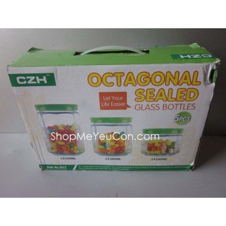 Bộ 5 lọ gia vị thủy tinh.