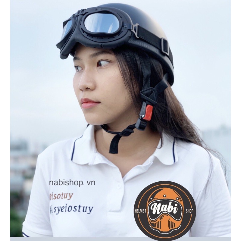 Mũ bảo hiểm nữa đầu kính phi công full đen cao cấp
