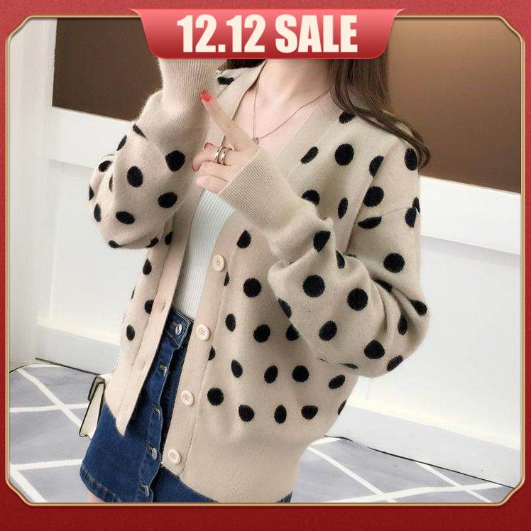 Áo khoác len cardigan dáng ngắn họa tiết chấm bi thời trang thu đông phong cách Hàn Quốc cho nữ 2021