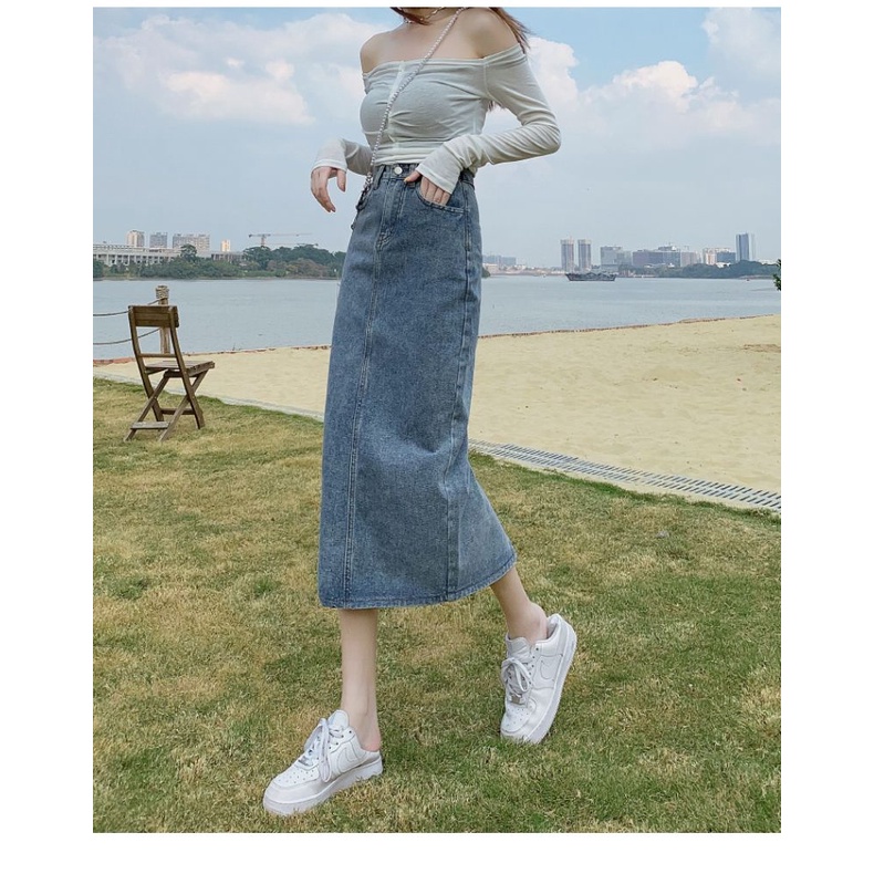 Chân váy jean COZOKC xẻ tà lưng cao thời trang Hàn Quốc