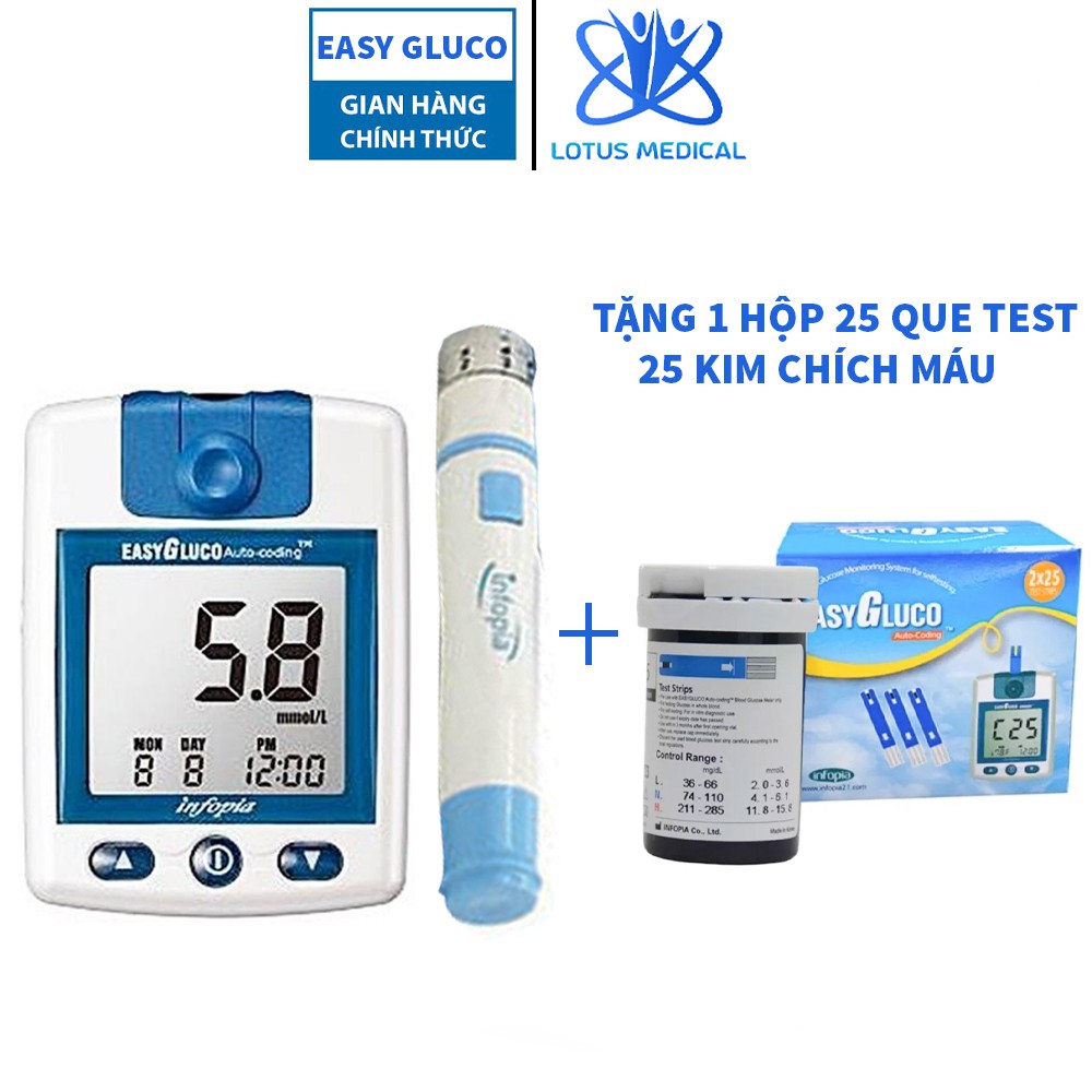 Máy đo đường huyết EASY GLUCO - Máy đo tiểu đường tặng kèm 25 que thử và 25 kim chích
