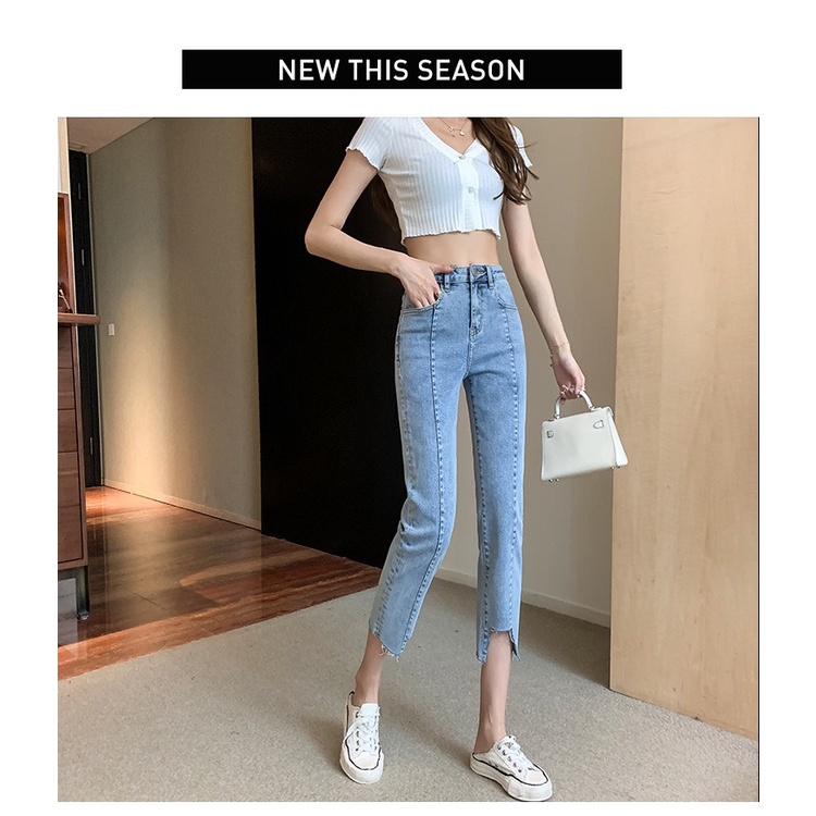 Quần jean 9 tấc Size To phom Baggy/boyfriend LAI RÁCH KIỂU co dãn mạnh, lưng cao, kiểu ống ống quần có sọc giữa 4145