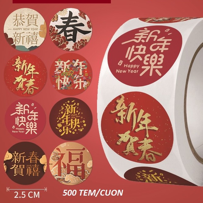 TEM TẾT_ Tem cuộn chữ " Happy new year" và tiếng hoa đ.kính 2.5cm_3.8cm_Sticker Tết