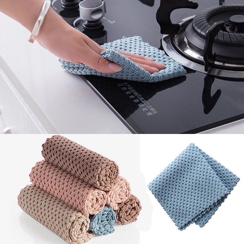 FUTURE 1/2Pcs Absorbent Washing Towel Microfiber Scourig Pad Cleaning Cloth Dishcloth Kitchen Supplies Household Almond Flannel Rags Washing Dish Cloth/Multicolor