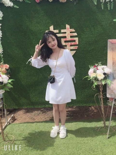 Đầm Nữ Trắng Bèo Cổ Vuông Tay Phồng