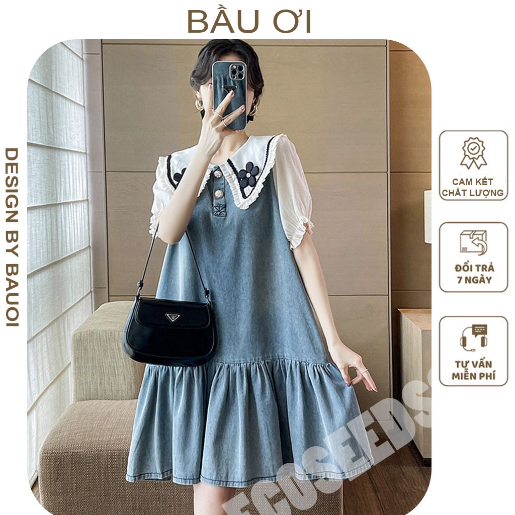 [BAUOII V93] ĐẦM BẦU TIỂU THƯ THIẾT KẾ CỔ BÈO ĐÍNH HOA  - VÁY BẦU CÔNG SỞ BABYDOLL FREE SIZE PHONG CÁCH TRẺ TRUNG