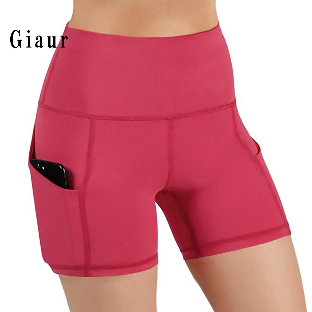 GIAUR  Sports Women High Waist Yoga Shorts Gym Running Skinny Short Pants with Pocket