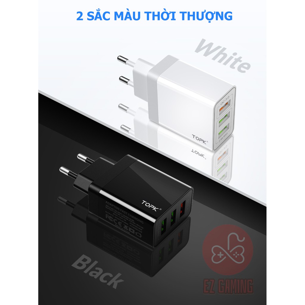[Free ship] Củ Sạc Nhanh TOPK QC 3.0 (Quick Charge 3.0) - 3 Cổng USB - Tiêu Chuẩn Châu Âu