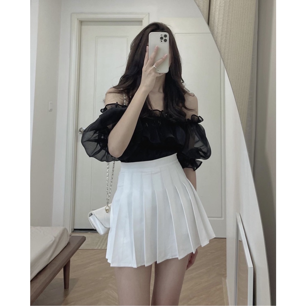 Áo trễ vai tay lỡ, áo croptop nữ trơn tay bồng vải tơ mềm 2 lớp bo chun 3 màu DASKI
