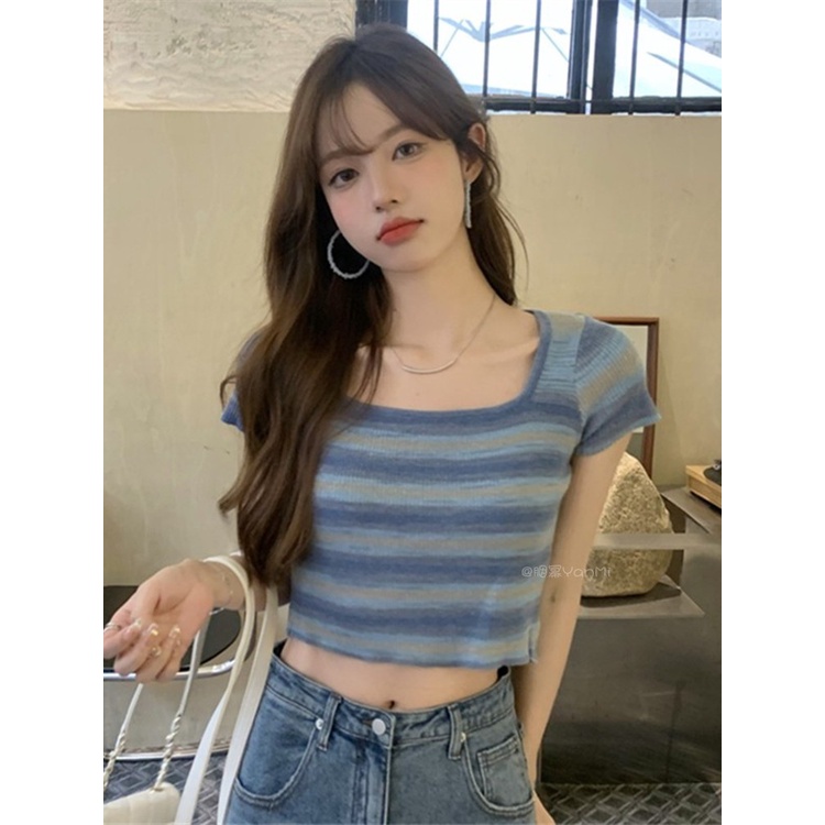 Porozi  Áo crop top dệt kim  thời trang Hàn Quốc kẻ sọc ngắn tay
