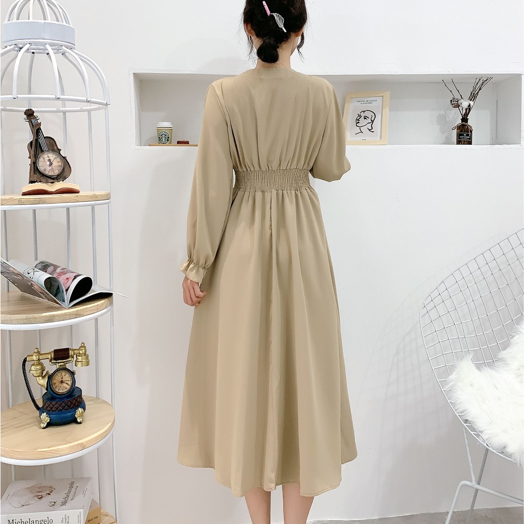 Đầm dài tay cổ chữ V phong cách ulzzang Hàn Quốc cho nữ | BigBuy360 - bigbuy360.vn
