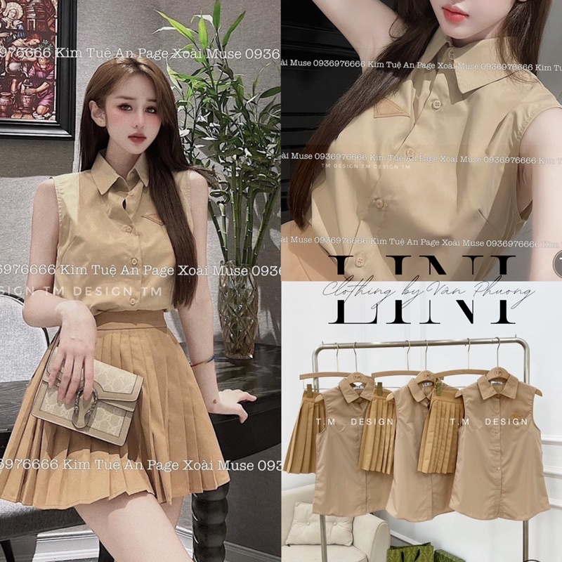 (LOẠI1) SET PRA/DA NÂU TÂY ÁO SÁT NÁCH CHÂN VÁY XẾP LY CHUẨN XOÀI MUSE