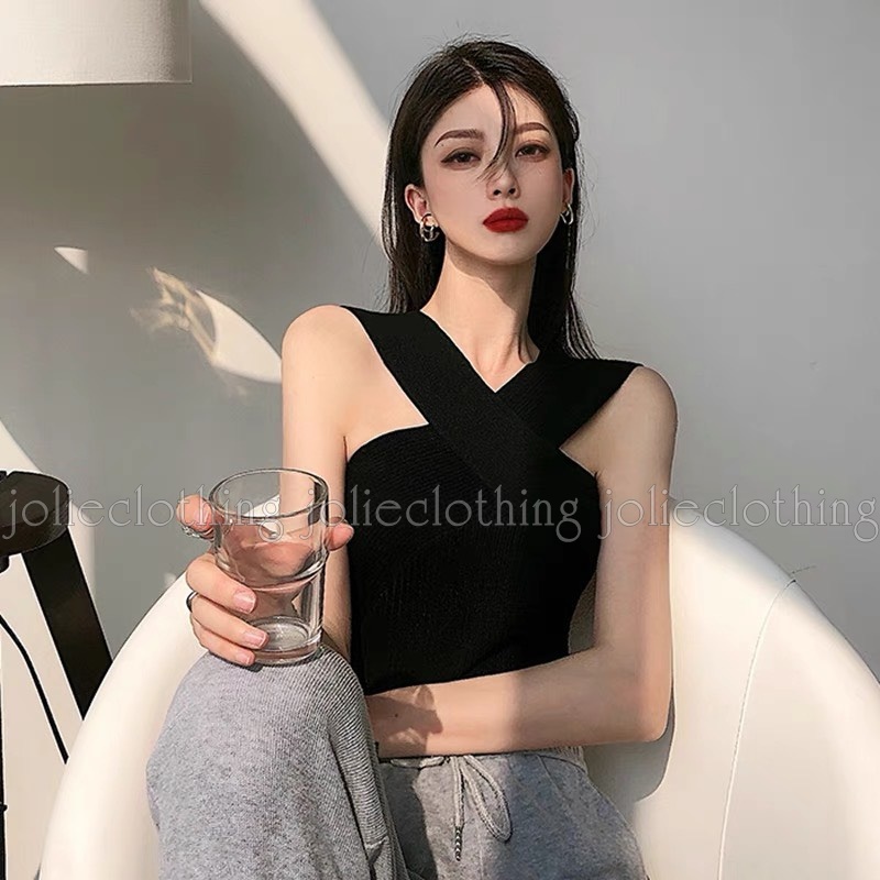 Áo Yếm Hai Dây Dáng Croptop Chất Thun Dày Dặn Co Giãn Màu Đen Sexy Quyến Rũ