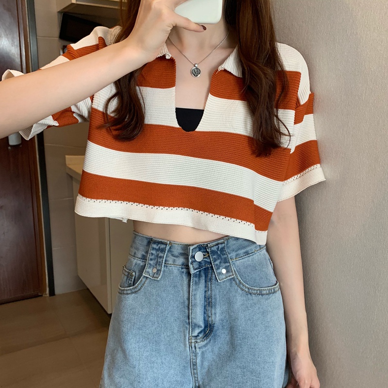 Áo thun dệt kim tay ngắn dễ phối đồ thời trang Hàn Quốc