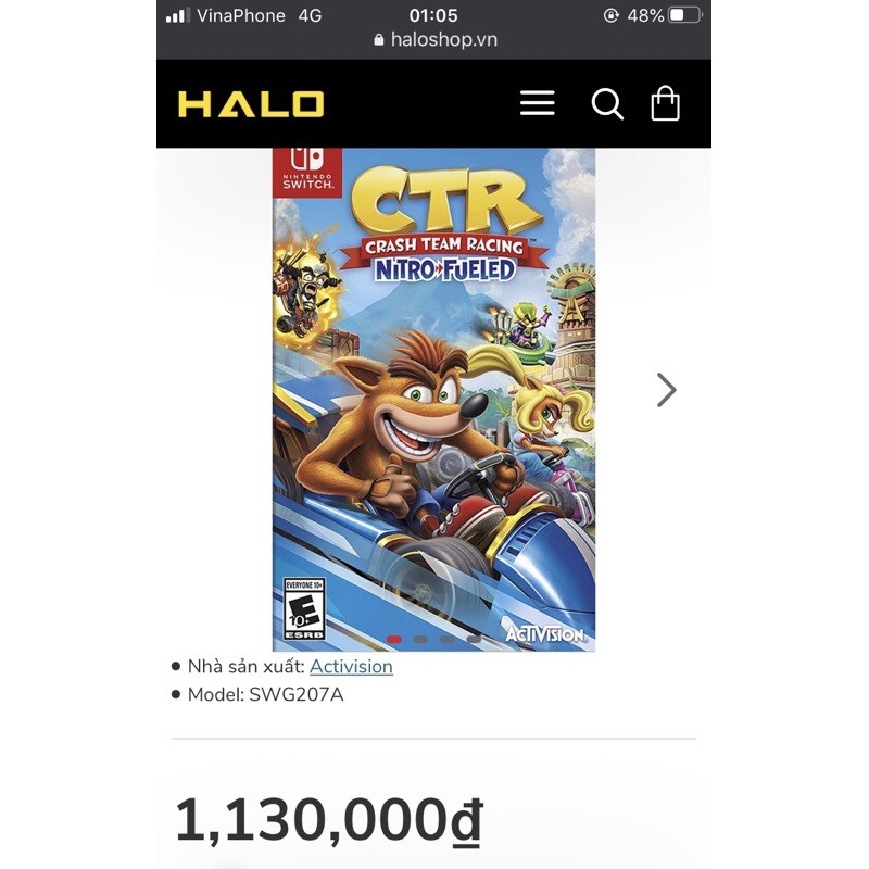 CTR Crash Team Racing Nitro trò chơi điện tử Nintendo Switch đua xe cáo 2nd đã sử dụng còn mới