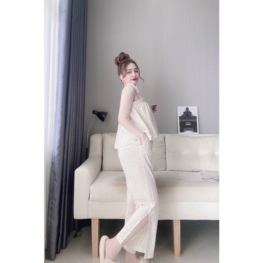 Bộ mặc nhà vải Mango, quần dài, xẻ gấu, cột dây, kiểu dáng trẻ trung, cá tính - Kèm Siêu Quà Tặng - 𝑲𝒉𝒐 𝒔𝒊̉ 𝑺𝒂̀𝒊 𝑮𝒐̀𝒏
