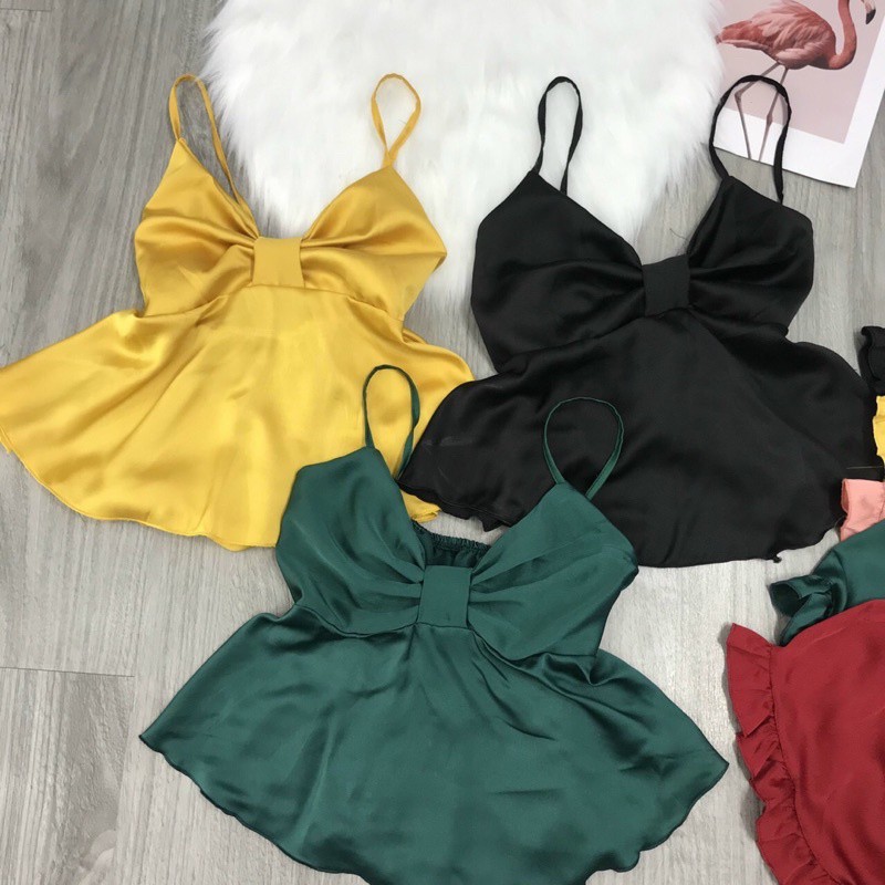 Đồ ngủ hai dây phối nơ phi lụa satin cao cấp siêu dễ thương