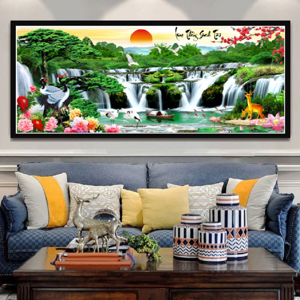 Tranh Đính Đá PHONG CẢNH LƯU THỦY SINH TÀI  KT: 120*55CM - 160*75CM