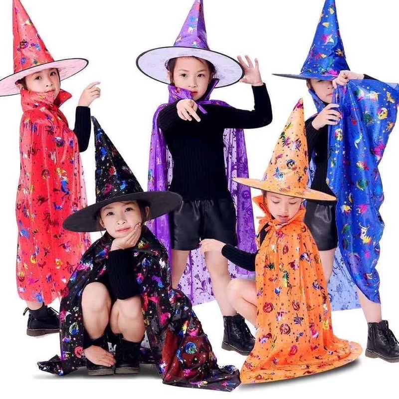(new2022) Combo áo choàng, giỏ bí ngô, mũ phù thủy 80cm hoá trang HALOWEEN cho bé trai, bé gái