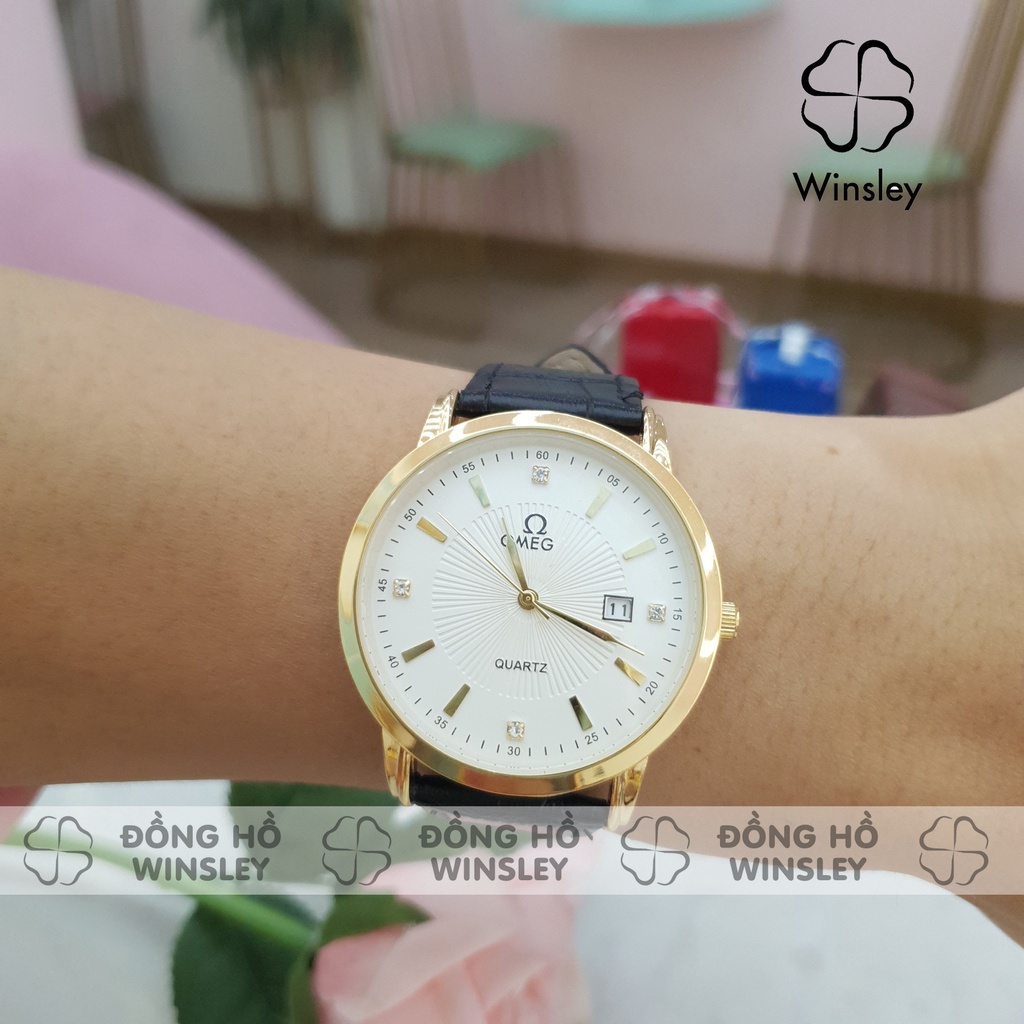 Đồng hồ đôi nam nữ đeo tay OMG dây da viền mạ vàng đẹp giá rẻ thời trang chính hãng Winsley